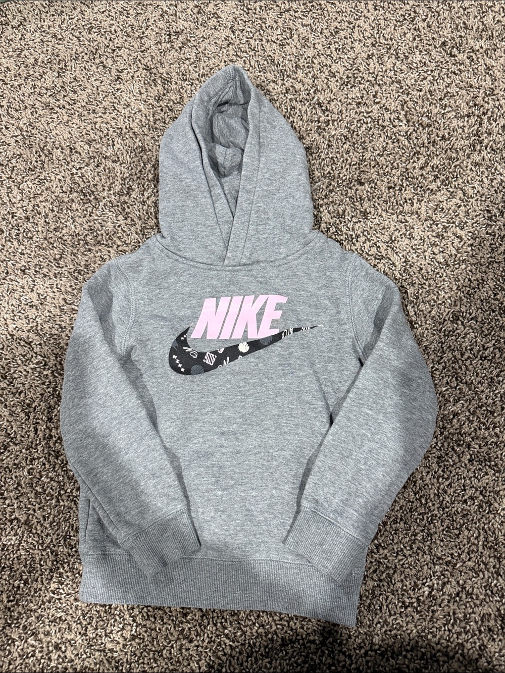 Nike Gray Pullover Hoodie with Pink Logo and Patterned Swoosh